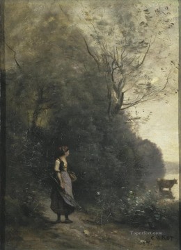 Jean Baptiste Camille Corot l Bäuerin Grasen eine Kuh im Wald Ölgemälde